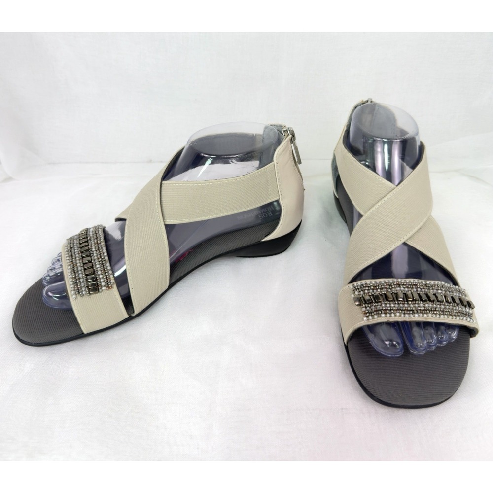 Ros Hommerson Mara Sandals Womens 7.5M Beige Comfort Beaded Stretch Zip Wedge